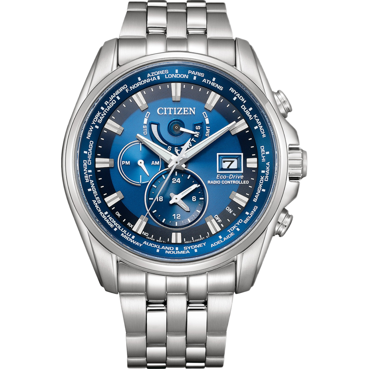 Silver Citizen watch with a blue face on a white background