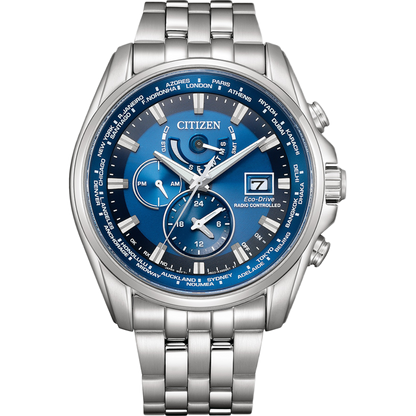 Silver Citizen watch with a blue face on a white background
