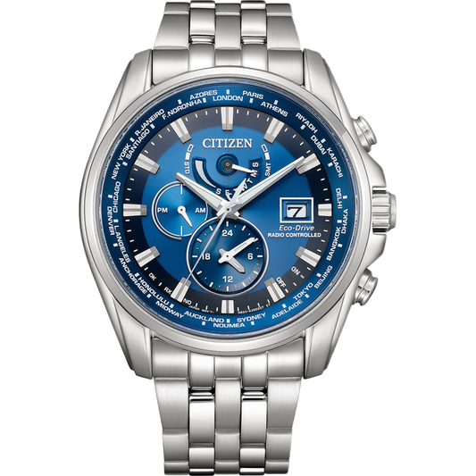 Silver Citizen watch with a blue face on a white background