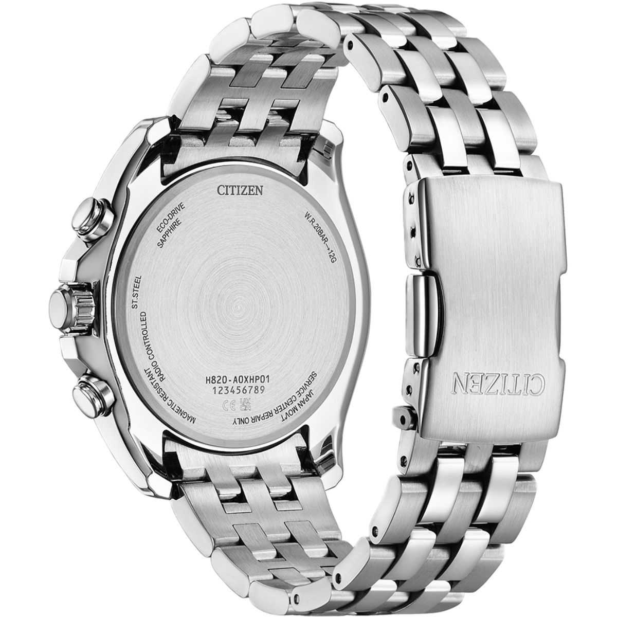 Silver Citizen watch with metal band on a white background