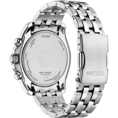 Silver Citizen watch with metal band on a white background