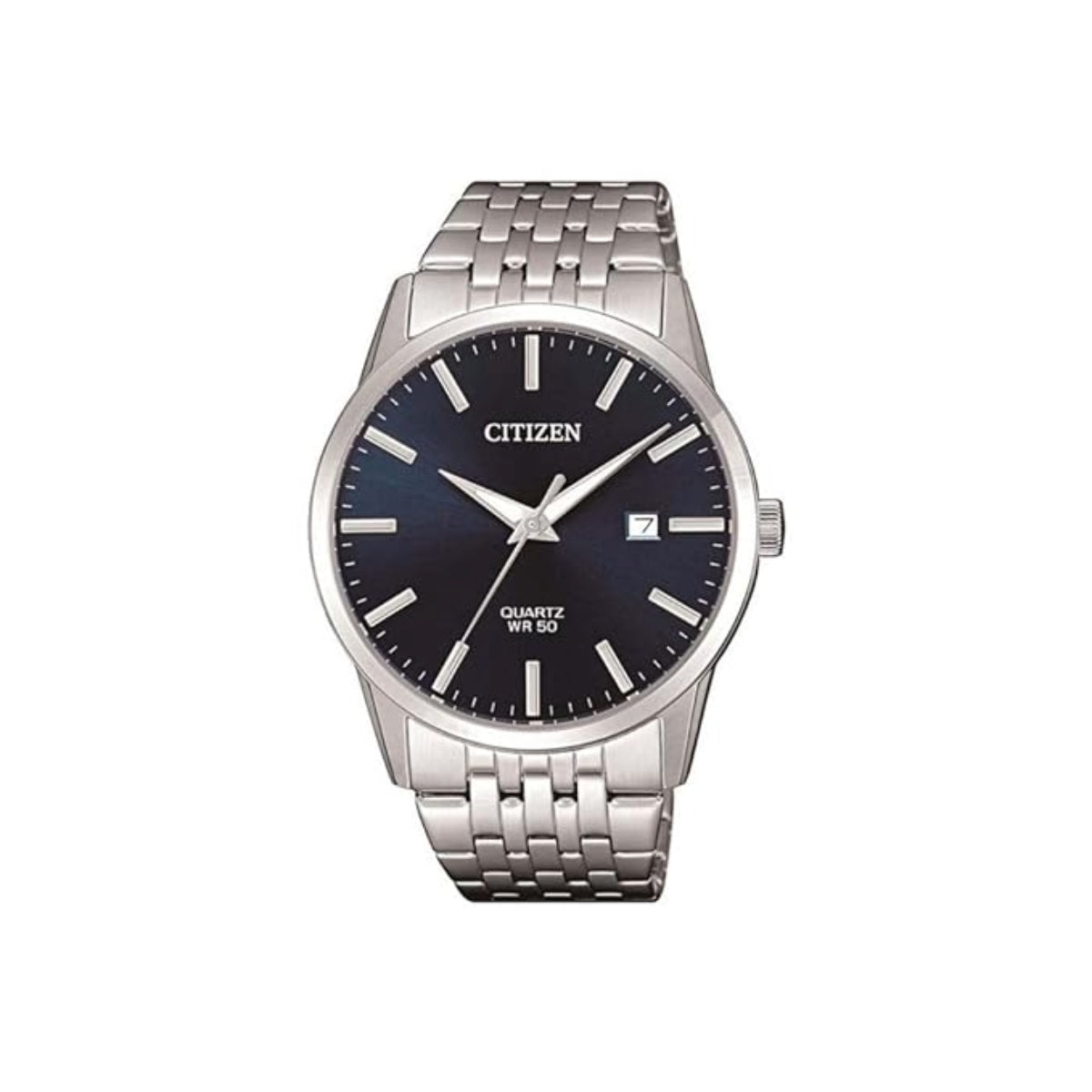 Silver Citizen watch with a black dial on a white background