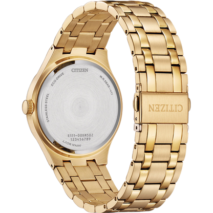 Gold Citizen watch with a white face on a white background