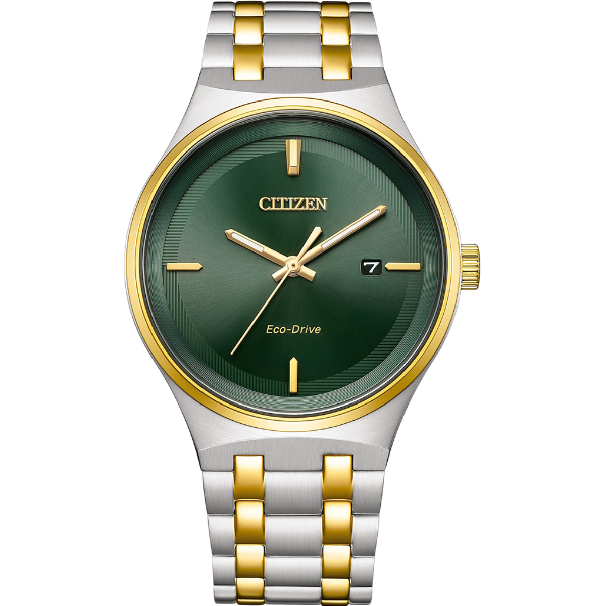 Citizen watch with green dial and gold and silver band on white background