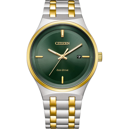 Citizen watch with green dial and gold and silver band on white background