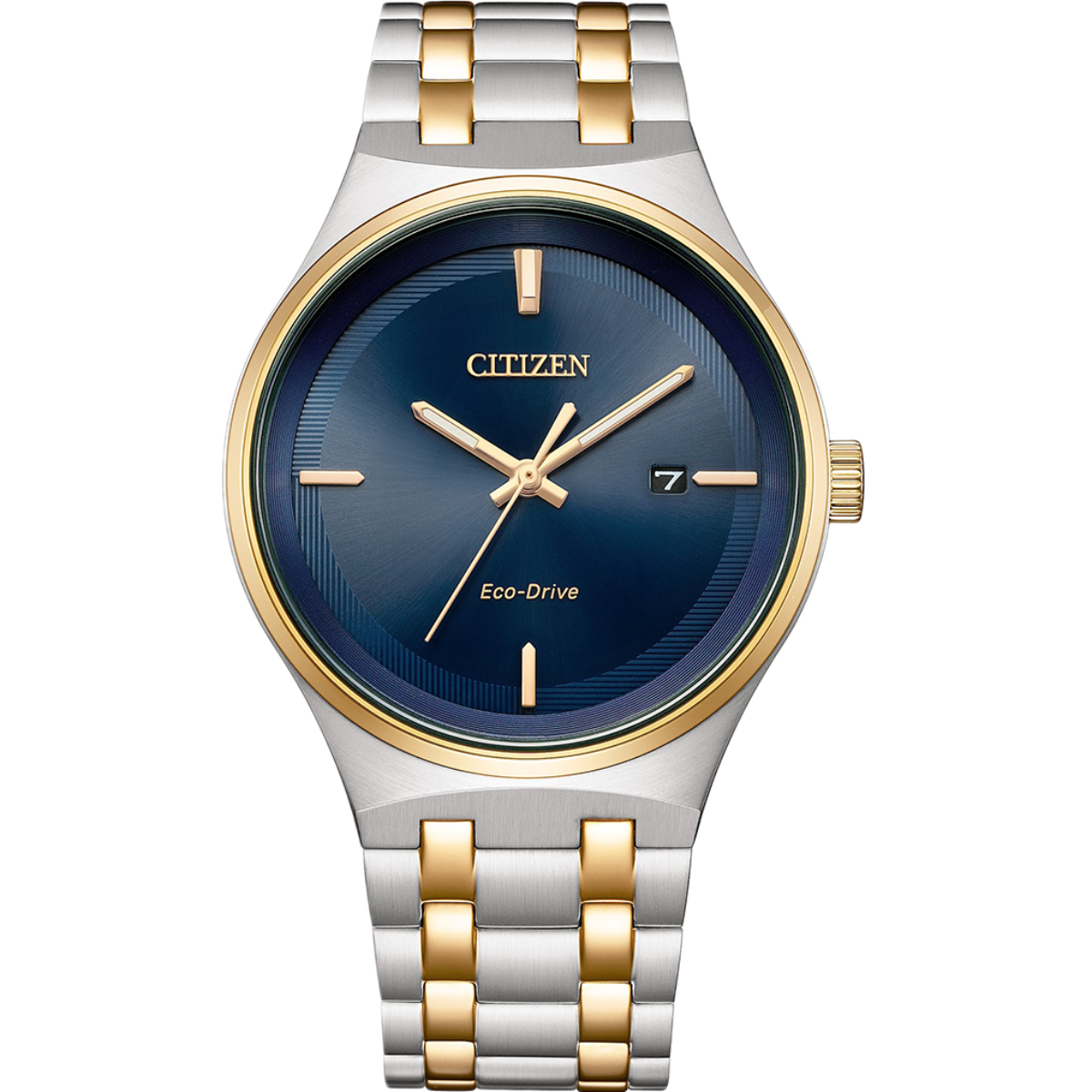 Citizen watch with blue dial and two-tone metal strap on a white background