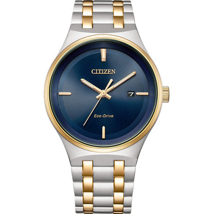 Citizen watch with blue dial and two-tone metal strap on a white background