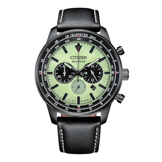 Citizen watch with green face and black leather strap on a white background