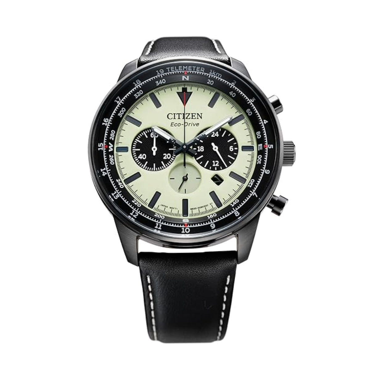 Citizen watch with black leather strap on a white background