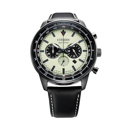 Citizen watch with black leather strap on a white background