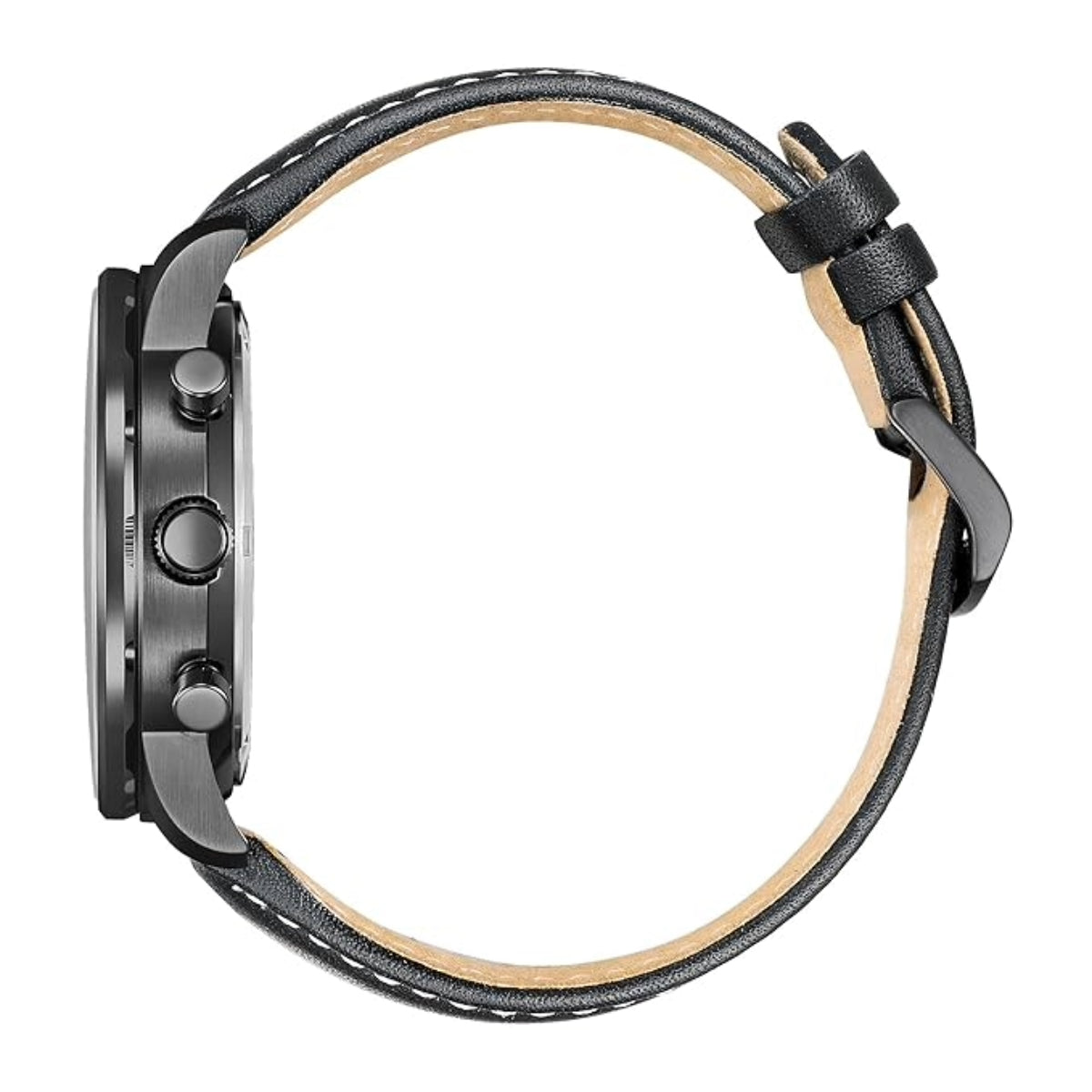 Close-up of a watch with a black leather strap on a white background