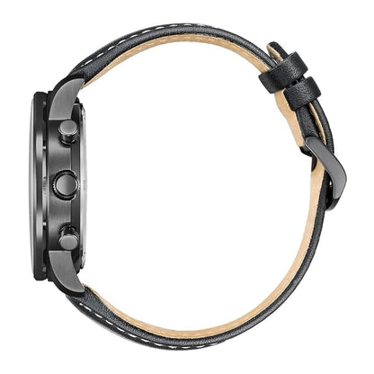 Close-up of a watch with a black leather strap on a white background