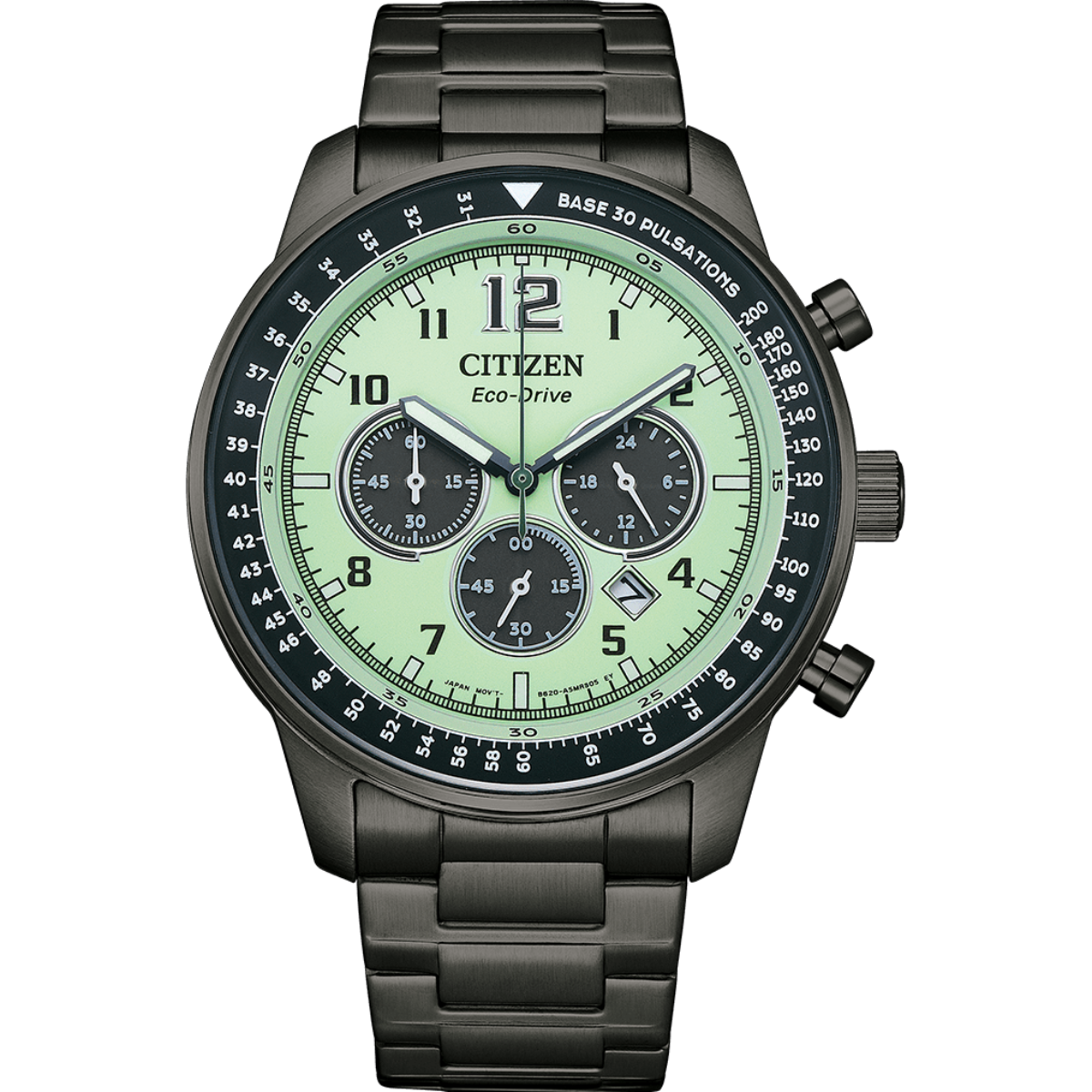 Citizen watch with green face and black strap on a white background