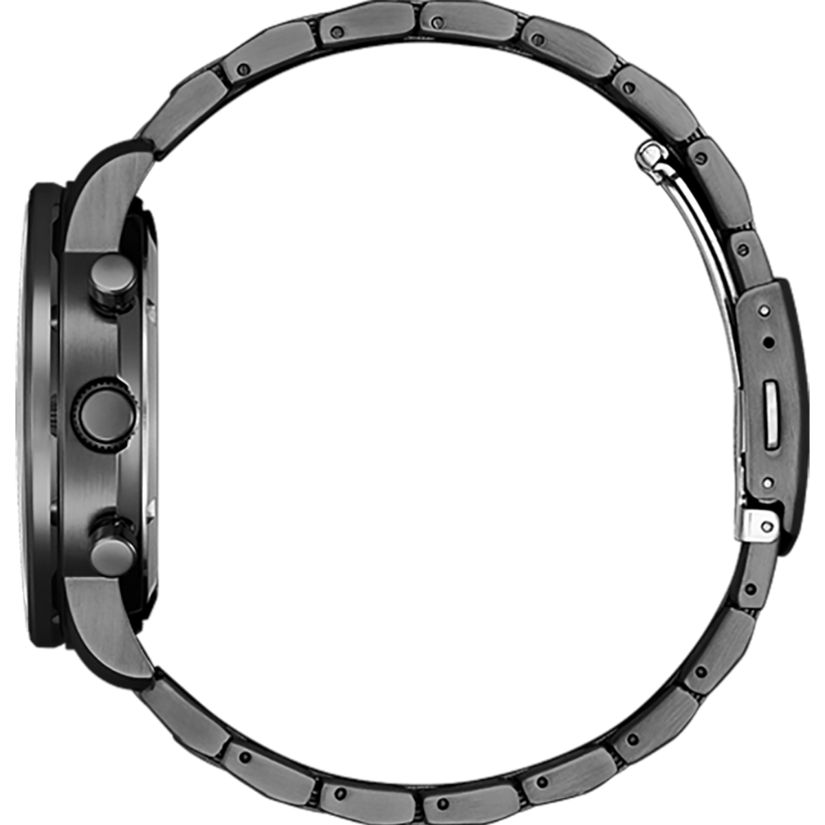 Close-up of a black wristwatch with metallic band on a white background