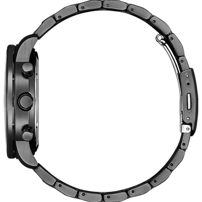 Close-up of a black wristwatch with metallic band on a white background