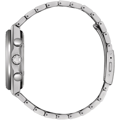 Close-up of a silver watch with a detailed metal band on a white background