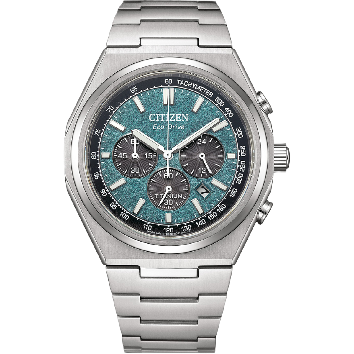 Silver Citizen watch with a blue face on a white background