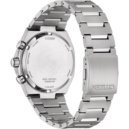 Silver Citizen watch with metal band on a white background