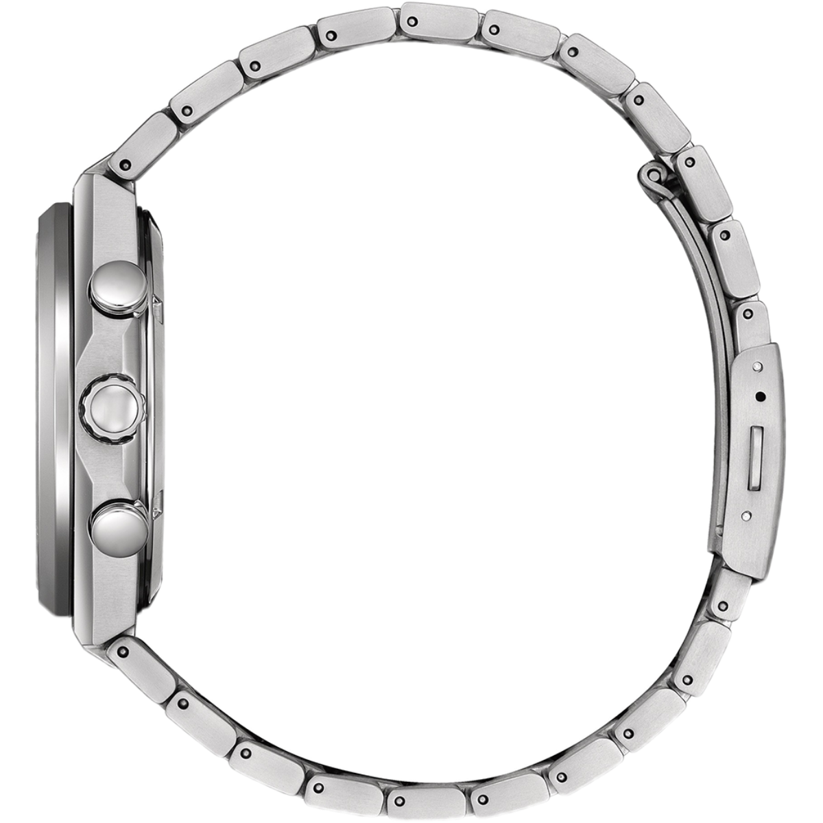 Close-up of a silver watch with detailed case design on a white background