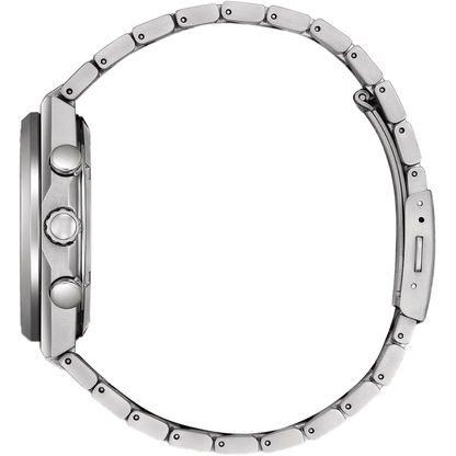 Close-up of a silver watch with detailed case design on a white background