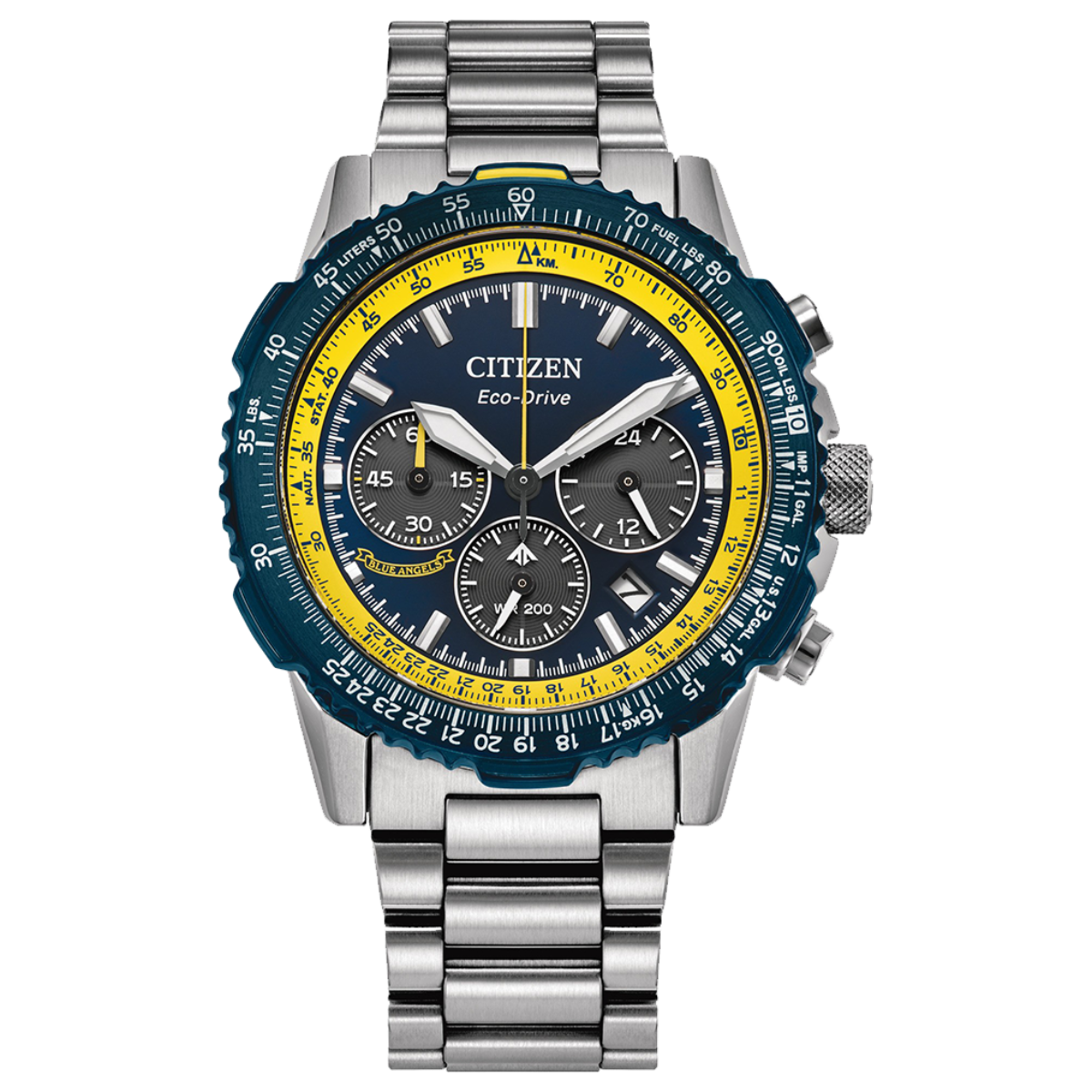 Citizen watch with blue and yellow face on a white background