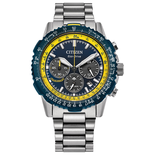 Citizen watch with blue and yellow face on a white background