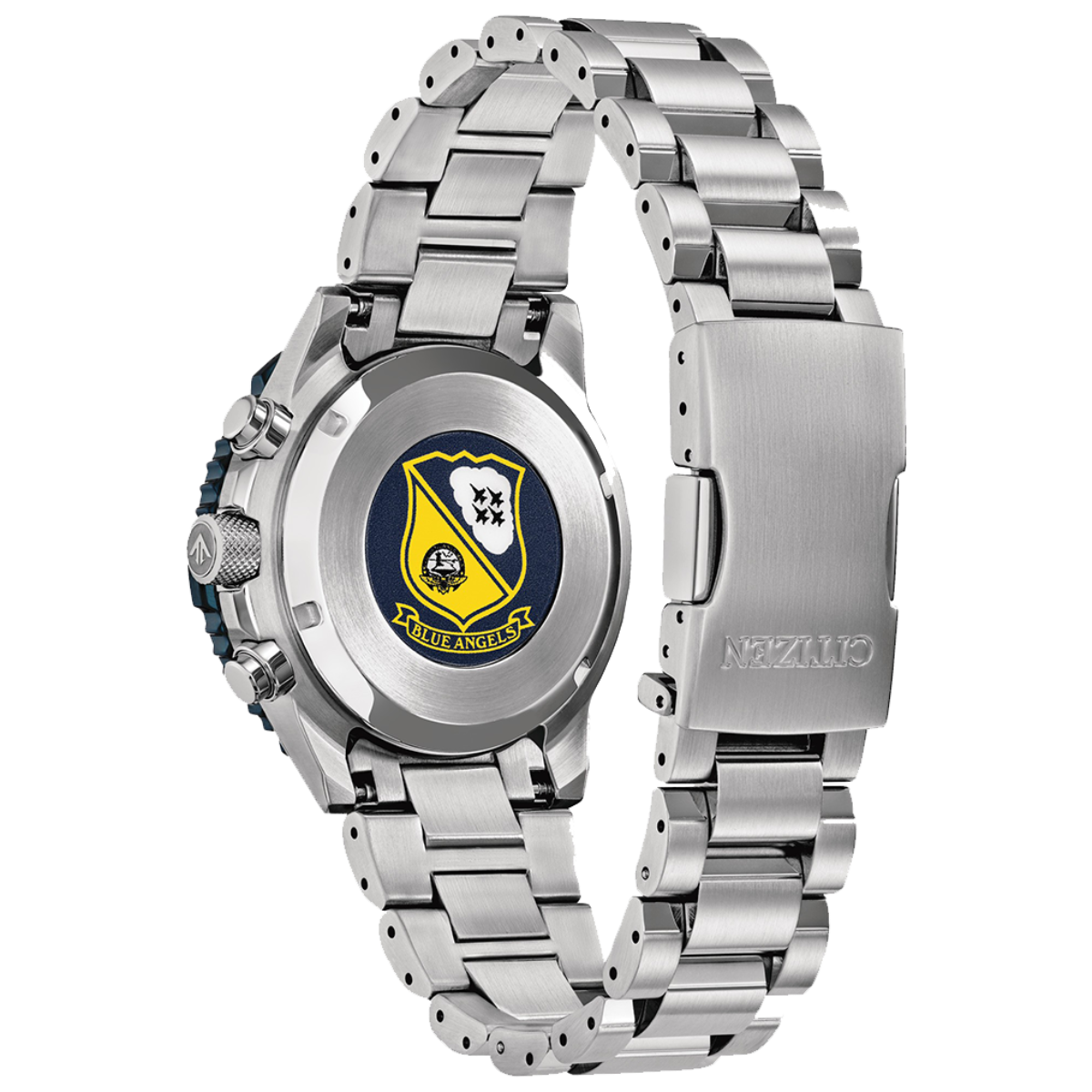 Silver watch with a detailed emblem on the back, on a white background