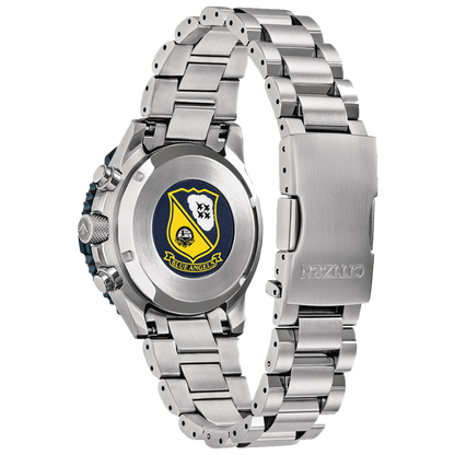 Silver watch with a detailed emblem on the back, on a white background
