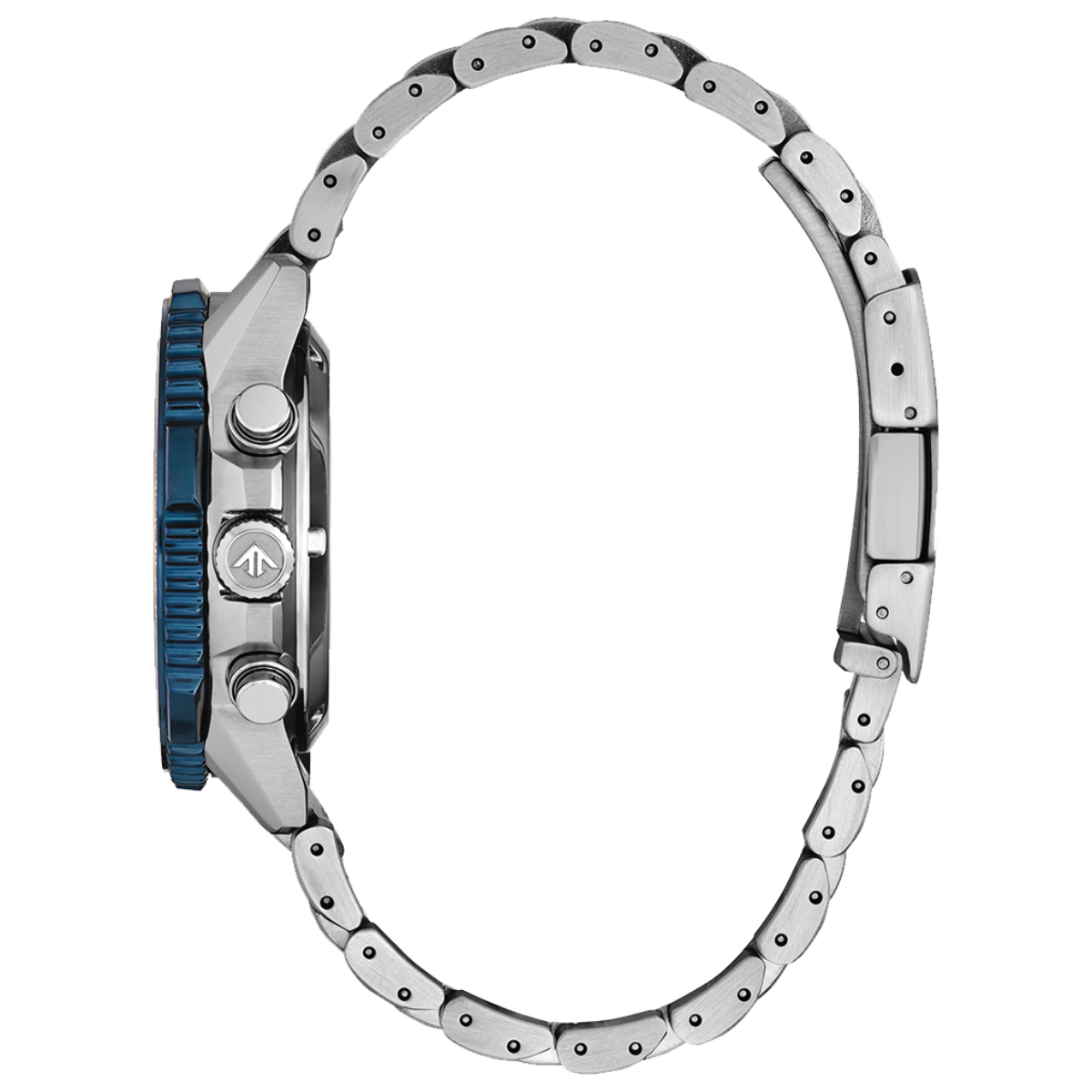 Close-up of a silver watch with a blue accent on a white background