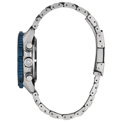 Close-up of a silver watch with a blue accent on a white background