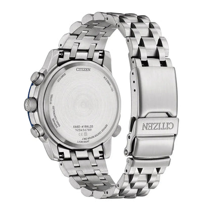 Silver Citizen watch with metal band on a white background