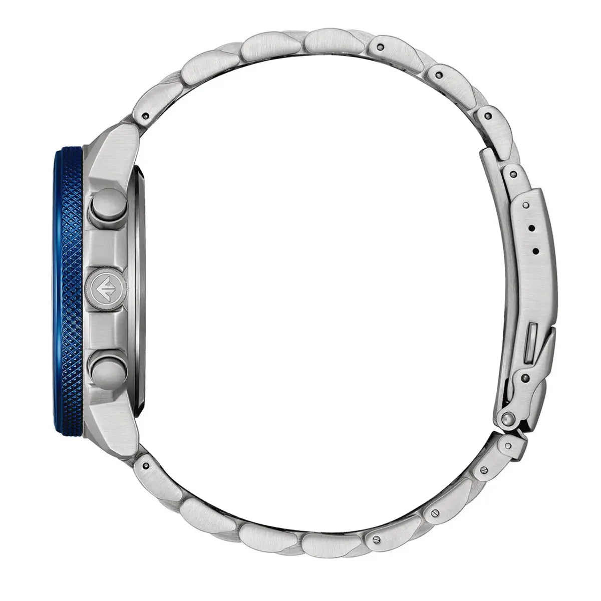 Close-up of a silver watch with a blue accent on a white background