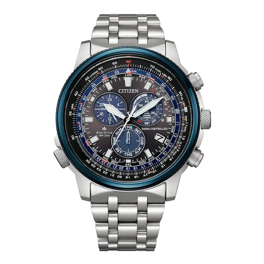 Silver Citizen watch with a blue face on a white background