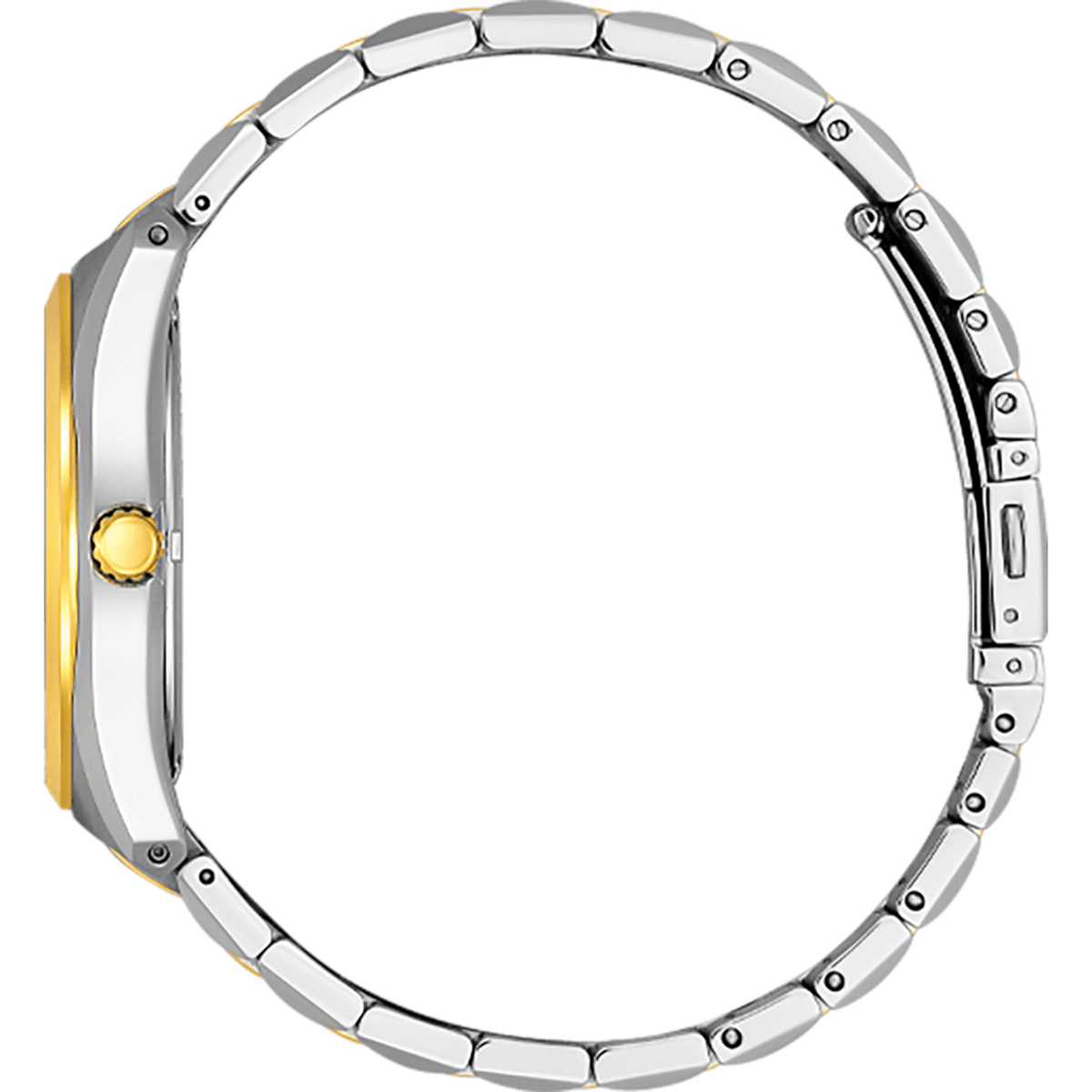 Close-up of a silver and gold watch face on a white background