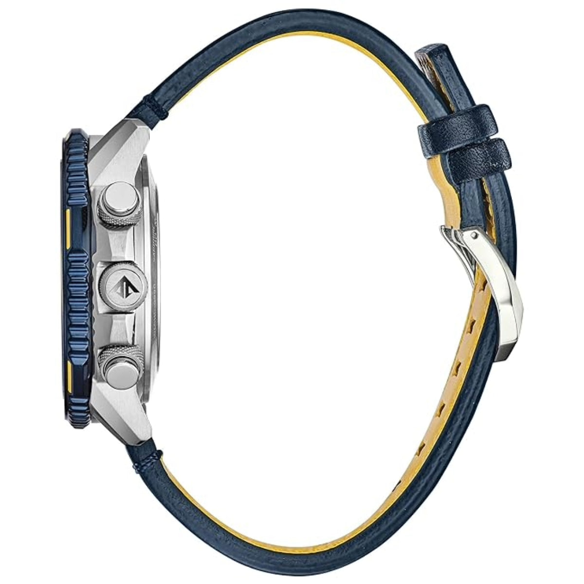 Close-up of a watch with a blue strap and silver case on a white background