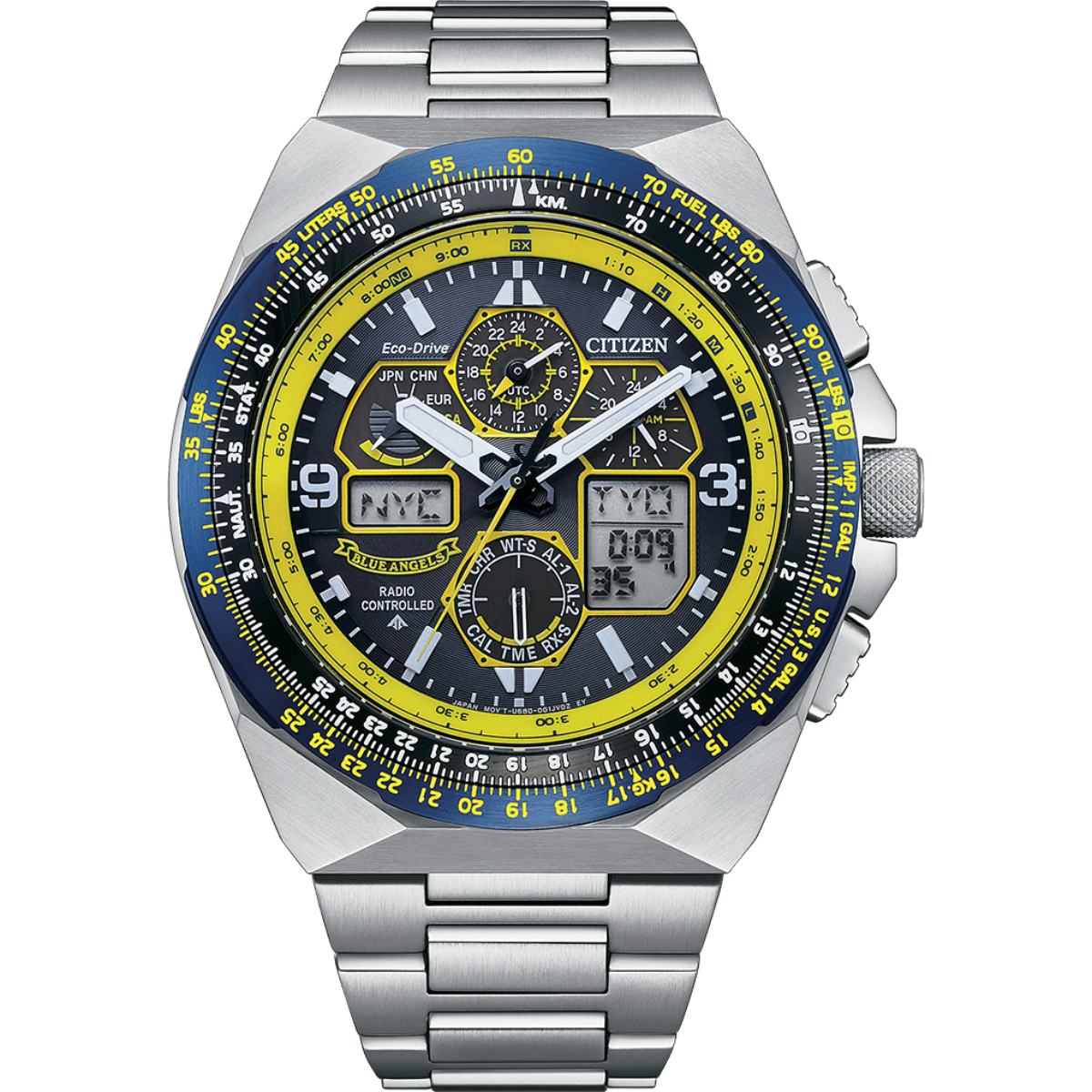 Citizen watch with silver case and blue and yellow face on a white background