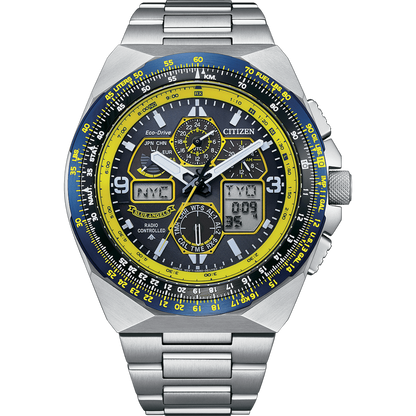 Citizen watch with silver case and blue and yellow face on a white background
