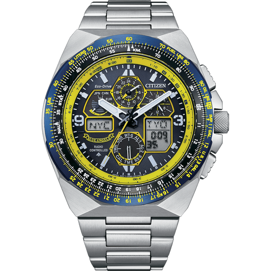 Citizen watch with silver case and blue and yellow face on a white background