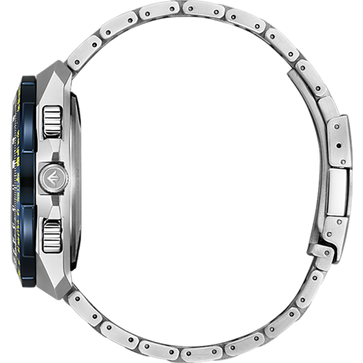 Close-up of a watch with a metallic band on a white background
