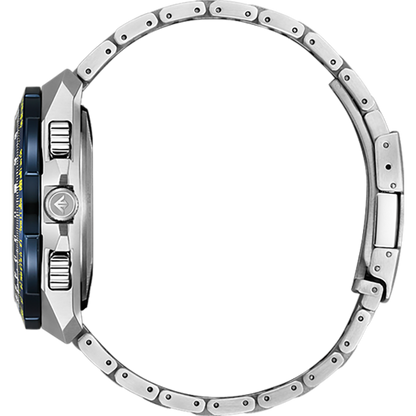 Close-up of a watch with a metallic band on a white background
