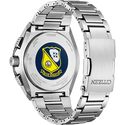 Silver watch with Blue Angels logo on a white background