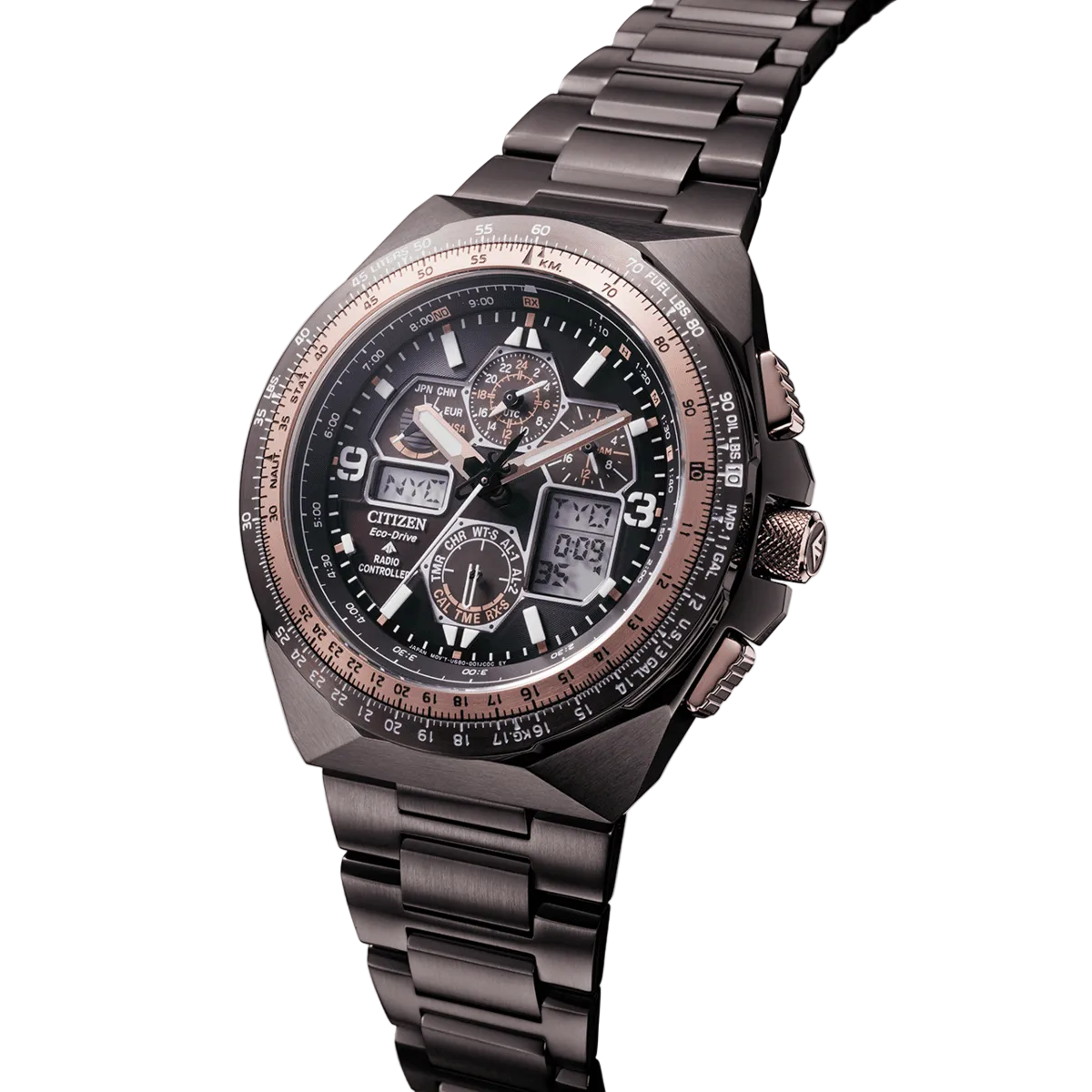 Luxury watch with a detailed face and metallic band on a light gray background
