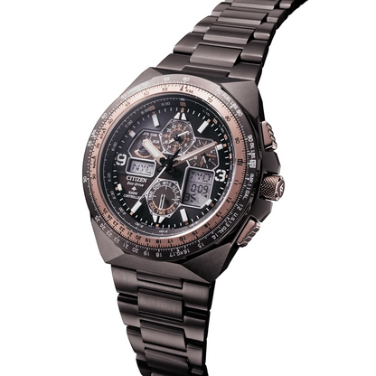 Luxury watch with a detailed face and metallic band on a light gray background