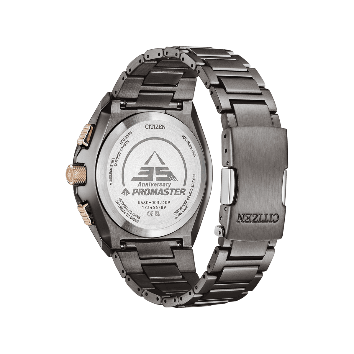 Silver Citizen Promaster watch with metal band on a white background