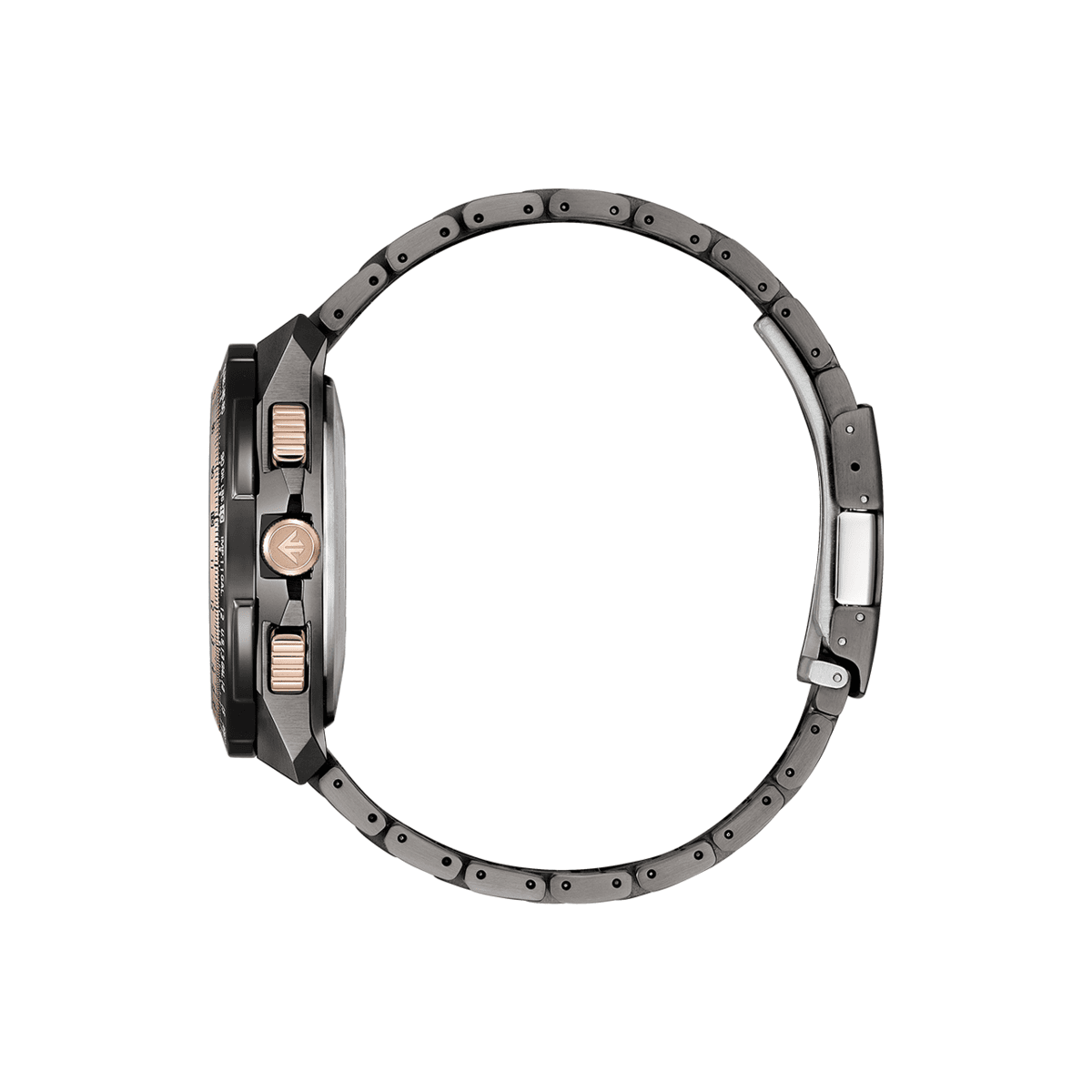 Close-up of a watch case with metallic finish on a white background