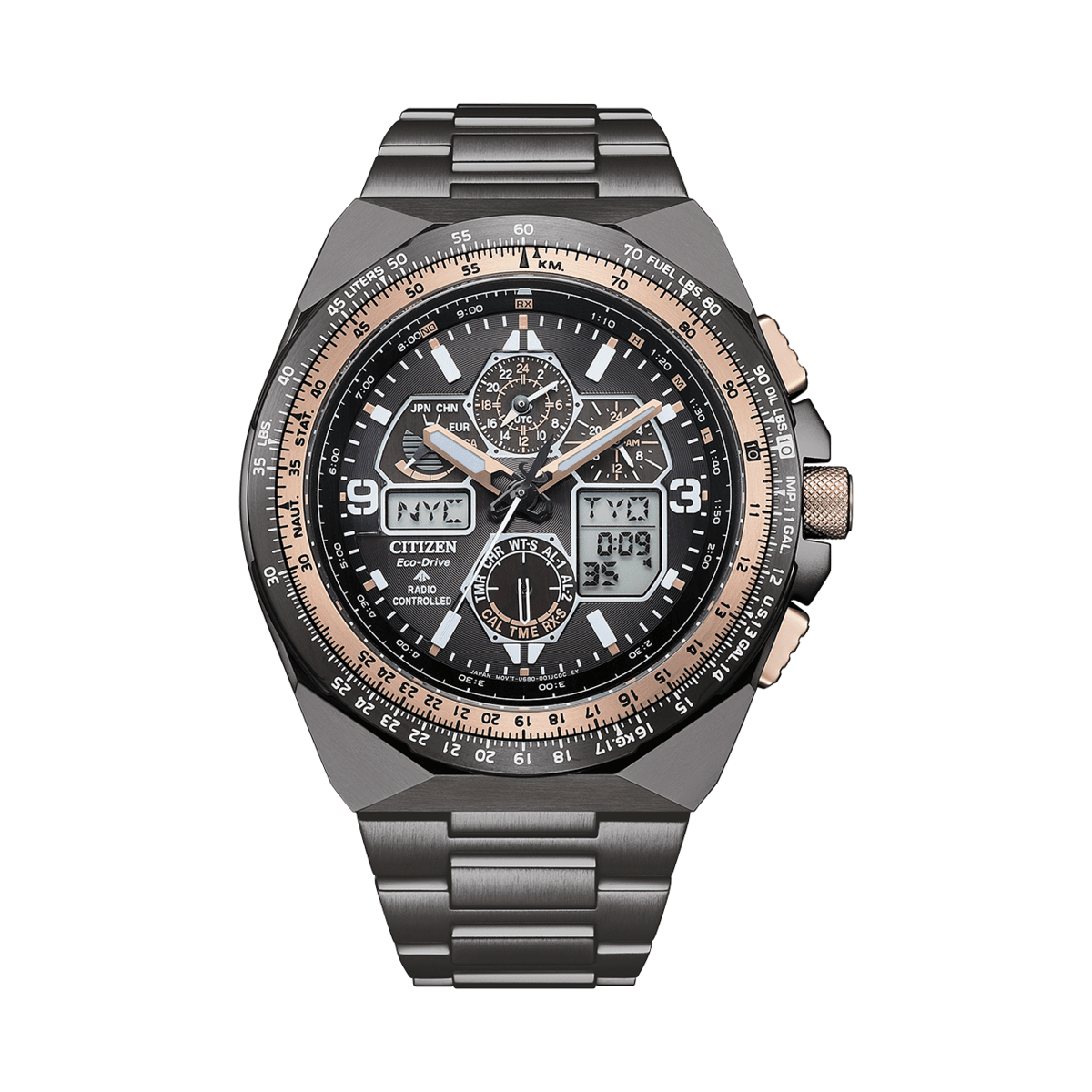 Citizen watch with black and rose gold details on a white background