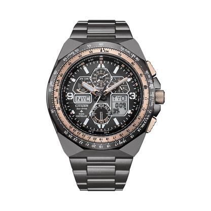 Citizen watch with black and rose gold details on a white background