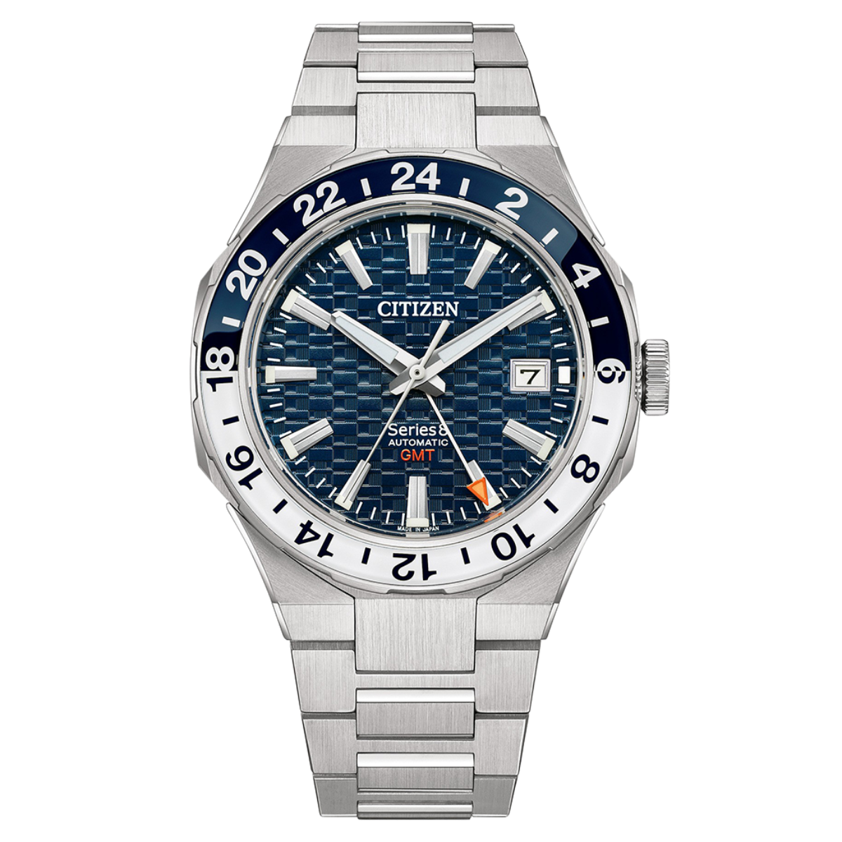 Citizen watch with blue dial and silver metal bracelet on a white background