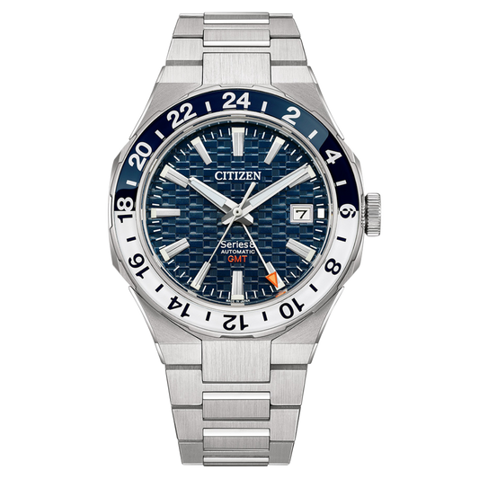 Citizen watch with blue dial and silver metal bracelet on a white background