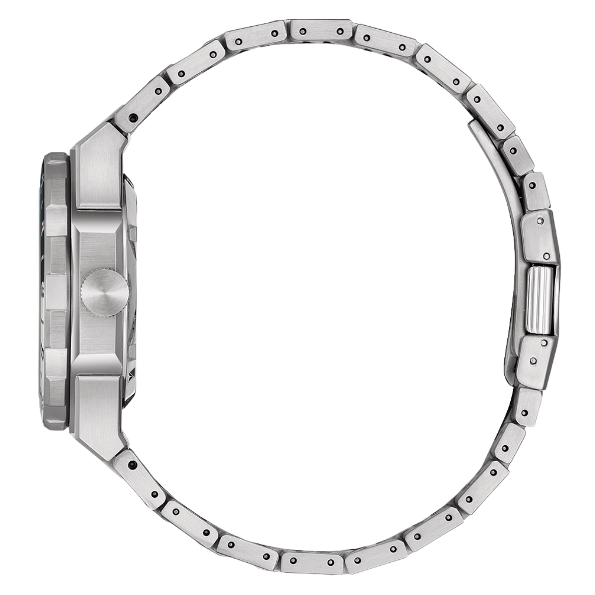 Close-up of a silver watch with a detailed metal band on a white background